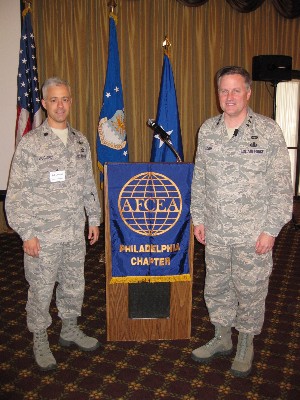 Lt. Gen. William T. Lord, USAF (r), chief of warfighting integration and chief information officer, Office of the Secretary of the Air Force, the Pentagon, Washington, D.C., and Lt. Col. Robert Licciardi, USAF, commanding officer of the 87th Communications Squadron at Joint Base McGuire-Dix-Lakehurst, New Jersey, serve as featured speakers at the chapter's November meeting.